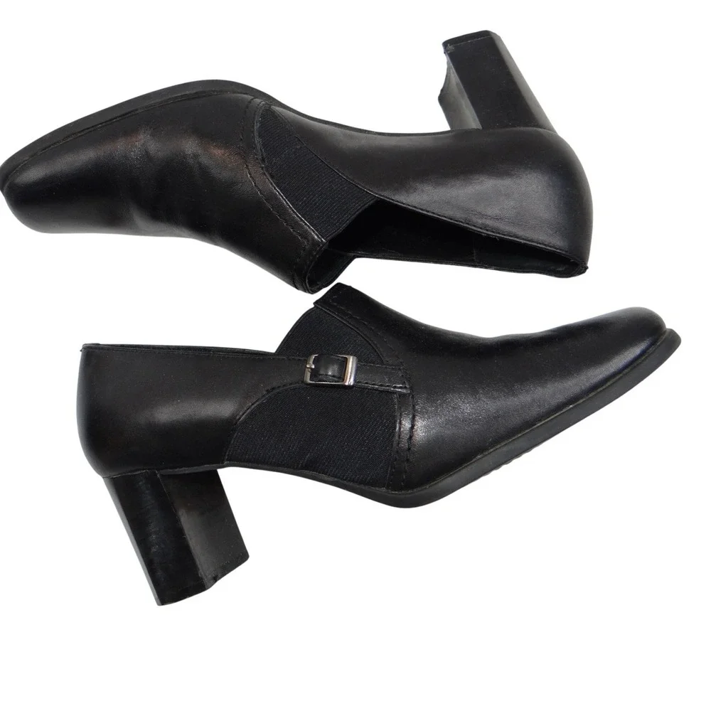 Liz Baker Black Leather Ankle Booties Block Heel Buckle‎ Slip On Women 7.5 M B